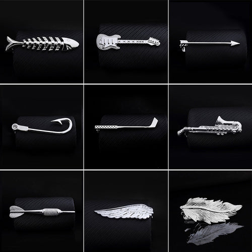 1pc Men Tie Clip Fish Bone Leaf Guitar Feather Saxophone Multiple Styles Silver Tone Metal Tie Clip Tie Bar Necktie Clips Gifts