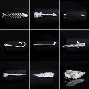1pc Men Tie Clip Fish Bone Leaf Guitar Feather Saxophone Multiple Styles Silver Tone Metal Tie Clip Tie Bar Necktie Clips Gifts