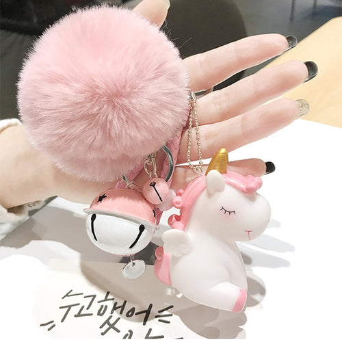 Cute Plush Pompom Unicorn Keychain for Women Round Ball Pom Pom Faux Rabbit Fur Key Chain Trinket Car Bag Bell Key Ring Gift