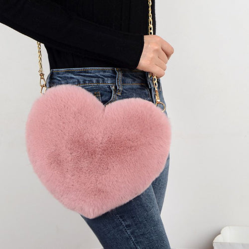Fashion Women's Heart Shaped Faux Fur Crossbody Wallet Purse Chain Shoulder Bag Lady Handbag